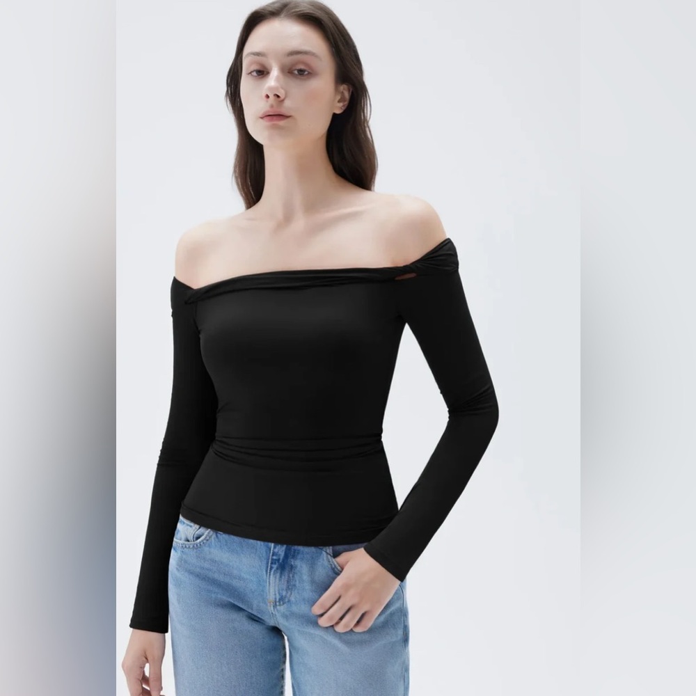 SUUKSESS Chic Black Off-Shoulder Buttersoft Long Sleeve Blouse Top